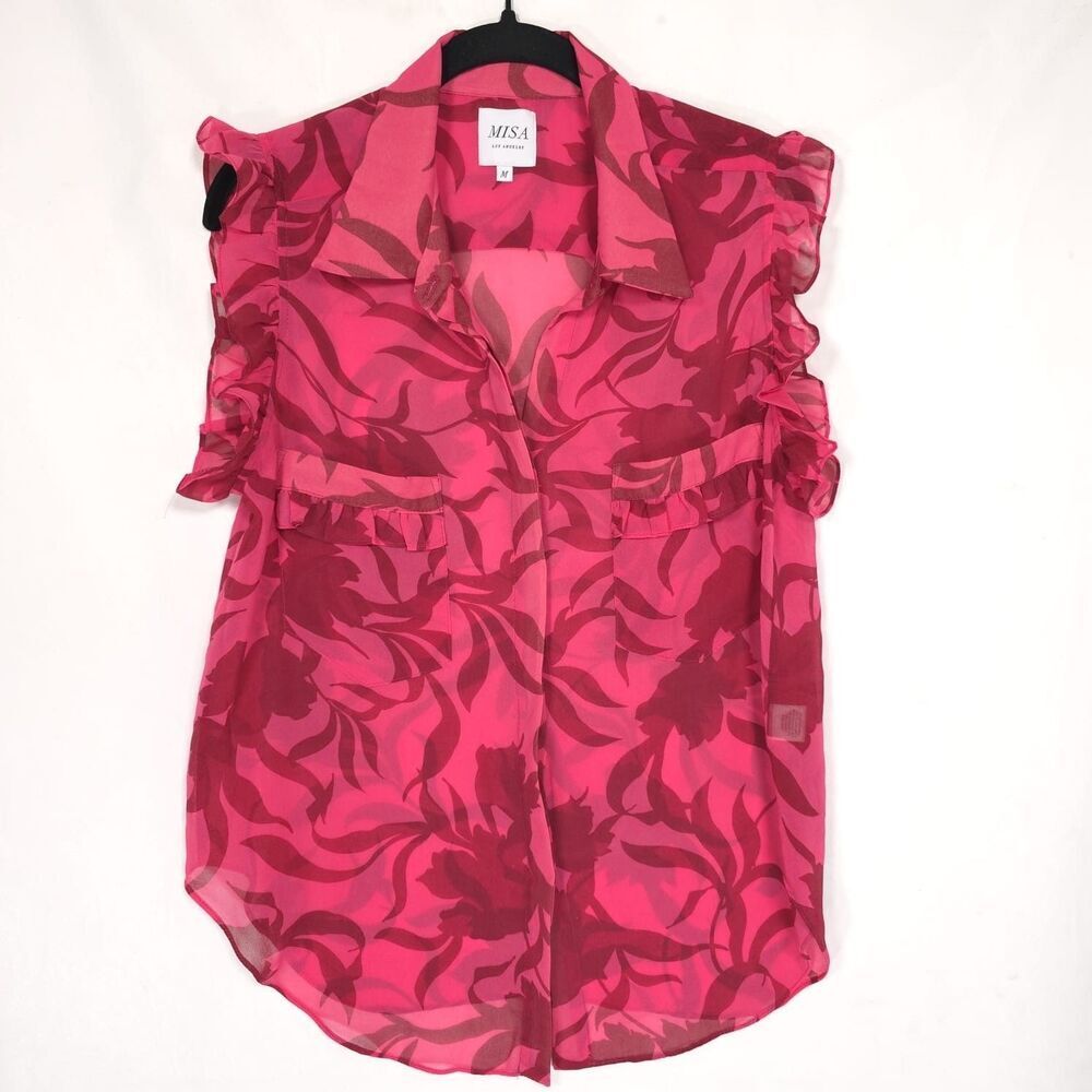 MISA Los Angeles Floral Ruffle Sleeveless Blouse Pink Size‎ M Made In USA